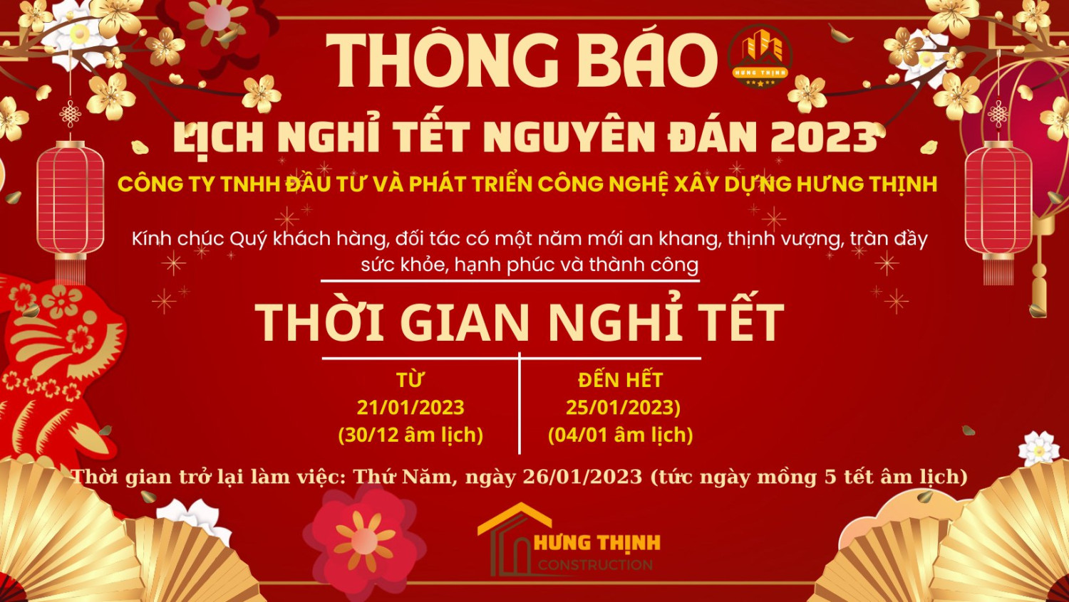 LỊCH NGHỈ TẾT NGUYÊN ĐÁN 2023